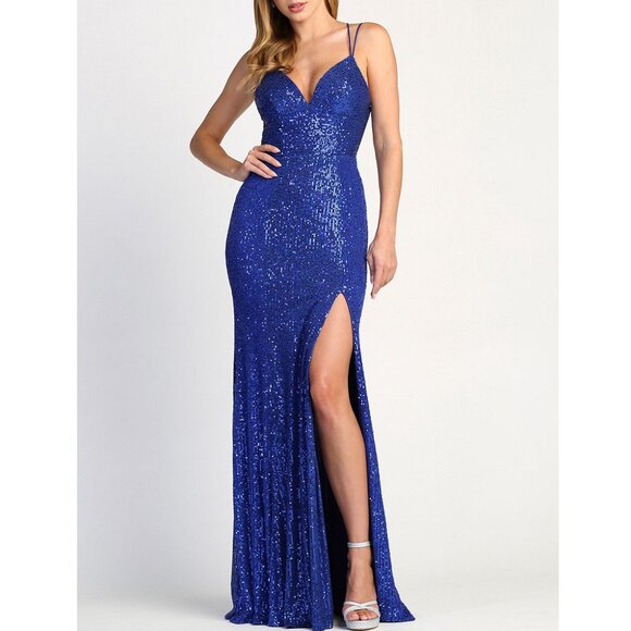 Royal Blue Sequin Side Slit Formal Prom Evening Dress 12 - Picture 1 of 4